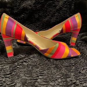 Women high heel open toe shoes with unique side designs. Multi colored. 13M $49